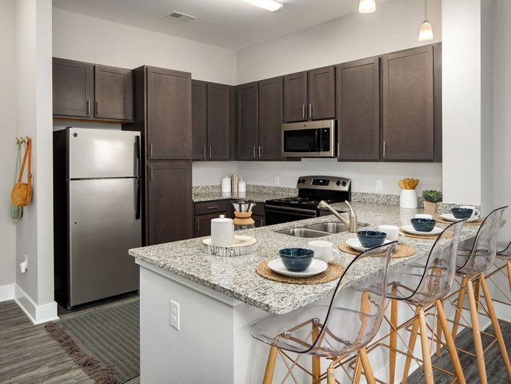 Kitchens with Dark Cabinetry and Stainless Steel Appliances at Abberly Solaire Apartment Homes, Garner, NC, 27529
